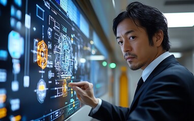 Poster - Railway operations manager interacting with a hightech control panel, utilizing advanced software to efficiently manage transportation systems in a modern command center
