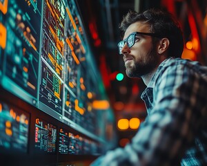 Poster - Railway operations manager analyzing data and controlling transportation systems through a hightech control panel, utilizing innovative software to ensure efficiency and safety