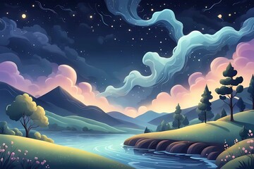 A hand-drawn mountain scene with moonlight, stars, trees, water, and a rustic, natural aesthetic. AI