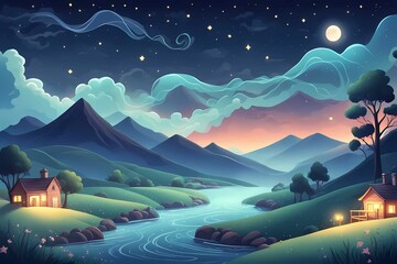 A hand-drawn mountain scene with moonlight, stars, trees, water, and a rustic, natural aesthetic