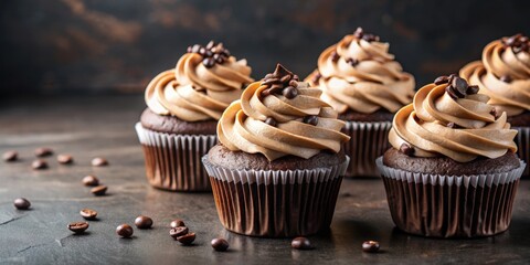 Wall Mural - Chocolate cupcakes with creamy frosting and chocolate chips on dark marble surface, chocolate, cupcakes, frosting