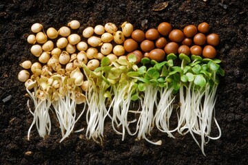 Poster - A variety of seeds and their fresh sprouts are aligned on rich soil, illustrating the beginnings of plant growth and the beauty of nature. Generative AI
