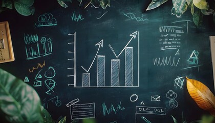 Poster - An abstract business chart on a chalkboard, illustrating growth trends with graphs. Surrounded by greenery, it conveys a fresh perspective on data and analytics.