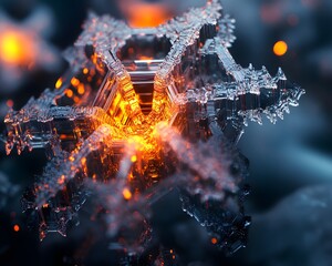 Poster - This striking image showcases an intricate crystal structure illuminated by vibrant orange light, highlighting the beauty of micro-level formations in our universe.
