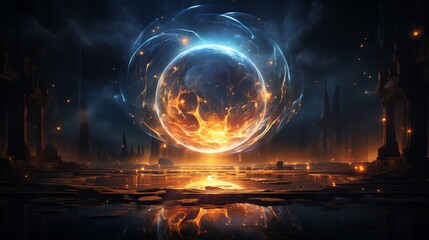 Wall Mural - fiery orb encased in energy, glowing in a dark, ruined landscape reflected in still water.