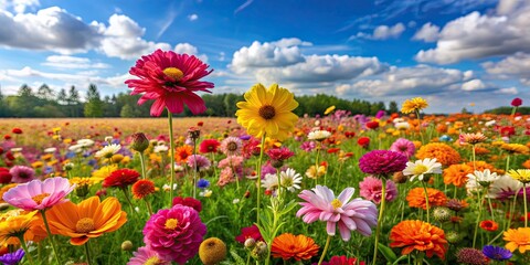 Wall Mural - Vibrant summer field of colorful flowers, blooming, meadow, nature, beauty, botanical, landscape, outdoors, vibrant, sunny