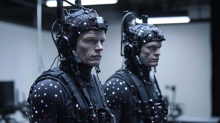 Poster - Two men wearing motion capture suits and headbands with sensors, standing in a studio.