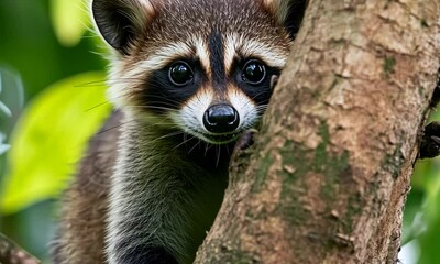 Poster - Curious Raccoon Peeking Behind Tree Trunk in Lush Green Forest : Generative AI