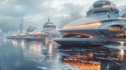 Wall Mural - futuristic city on water, sleek white buildings with glowing orange accents, reflecting on calm wate