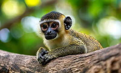 Poster - Close up of curious squirrel monkey relaxing on tree branch in lush green forest : Generative AI