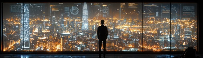 Poster - Transforming nighttime productivity high-tech workspace with smart glass displays urban setting digital visualization concept
