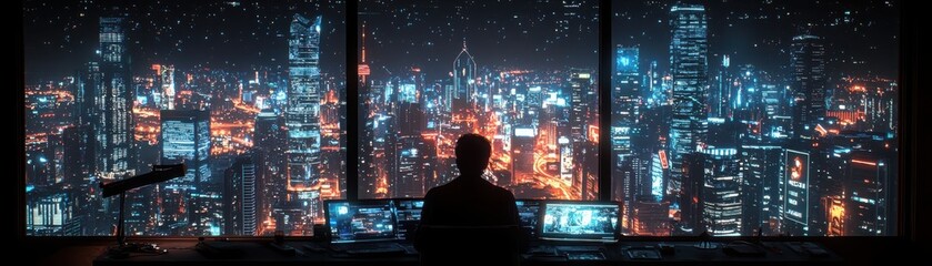 Poster - Innovative high-tech workspace at night featuring smart glass displays urban skyline view futuristic concept