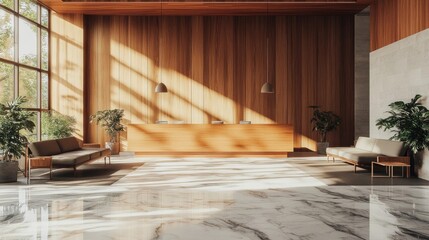 Wall Mural - Luxury Hotel Lobby with Marble Flooring, Reception Desk, and Stylish Wooden Design Elements