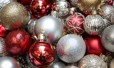 Aufkleber - Festive assortment of shiny Christmas baubles in red silver and gold for holiday decor : Generative AI