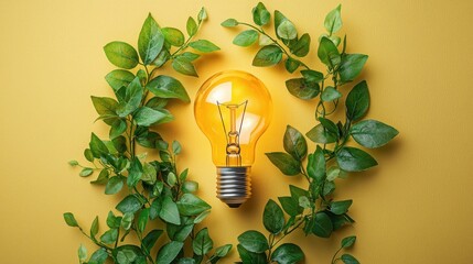 Poster - Promoting sustainability minimalist art of an ecofriendly lightbulb surrounded by lush greenery in a contemporary space