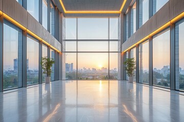 Poster - Enhancing workspace efficiency corporate office interior design minimalist environment wide-angle view suspended lighting concept