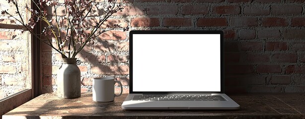 Fototapete - A laptop with a blank white screen on a desk in a modern home office interior near a window and a decorative vase with branches. A mockup for design, template, or presentation background. Minimalistic