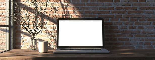 Fototapete - A laptop with a blank white screen on a desk in a modern home office interior near a window and a decorative vase with branches. A mockup for design, template, or presentation background. Minimalistic