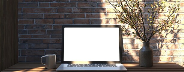Fototapete - A laptop with a blank white screen on a desk in a modern home office interior near a window and a decorative vase with branches. A mockup for design, template, or presentation background. Minimalistic