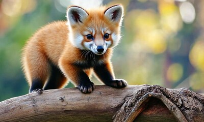 Poster - Playful Red Panda Cub On Tree Branch With Soft Golden Lighting : Generative AI
