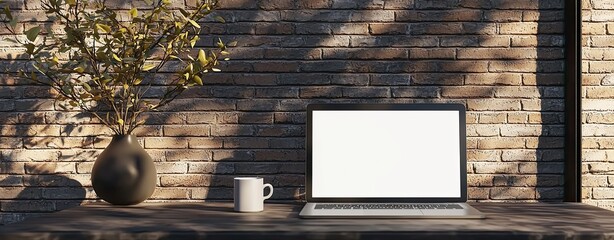 Fototapete - A laptop with a blank white screen on a desk in a modern home office interior near a window and a decorative vase with branches. A mockup for design, template, or presentation background. Minimalistic