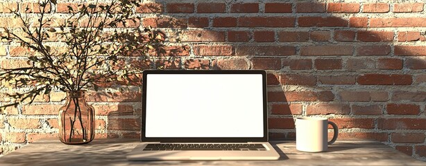 Fototapete - A laptop with a blank white screen on a desk in a modern home office interior near a window and a decorative vase with branches. A mockup for design, template, or presentation background. Minimalistic