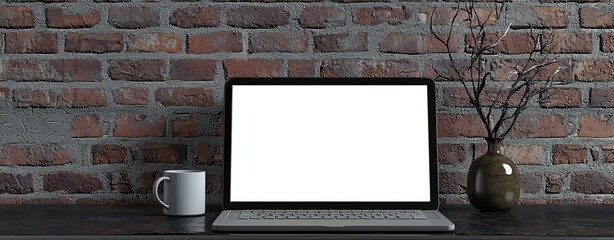 Fototapete - A laptop with a blank white screen on a desk in a modern home office interior near a window and a decorative vase with branches. A mockup for design, template, or presentation background. Minimalistic