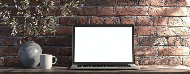 Fototapete - A laptop with a blank white screen on a desk in a modern home office interior near a window and a decorative vase with branches. A mockup for design, template, or presentation background. Minimalistic