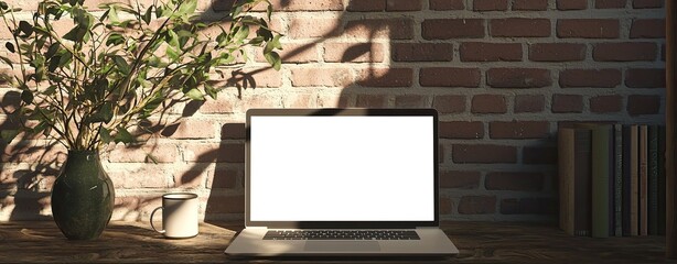 Fototapete - A laptop with a blank white screen on a desk in a modern home office interior near a window and a decorative vase with branches. A mockup for design, template, or presentation background. Minimalistic