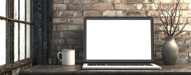 Fototapete - A laptop with a blank white screen on a desk in a modern home office interior near a window and a decorative vase with branches. A mockup for design, template, or presentation background. Minimalistic