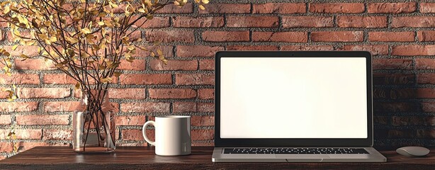 Fototapete - A laptop with a blank white screen on a desk in a modern home office interior near a window and a decorative vase with branches. A mockup for design, template, or presentation background. Minimalistic