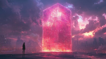 Poster - Exploring vibrant neon matrix terrain with glowing cubic structures in a synthwave landscape