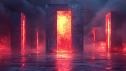 Poster - Glowing cubic structures illuminate neon matrix terrain in a synthwave landscape at dusk