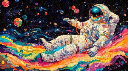 Poster - Floating cosmic waves of a pop art astronaut amidst rainbow bubbles in space