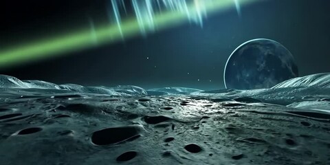 Wall Mural - aurora borealis over cratered moon surface, 4k video