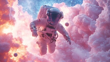 Poster - Astronaut floating in psychedelic rainbow space cosmic clouds artistic illustration vibrant universe surreal conceptual art