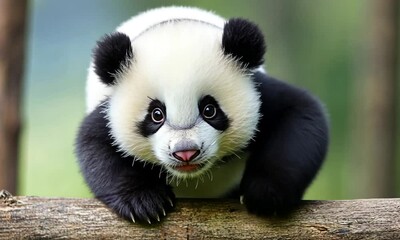 Poster - Playful Panda Cub with Black and White Fur Hanging on a Log : Generative AI