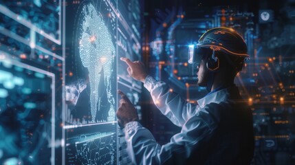 Poster - Scientist wearing a vr headset interacts with a futuristic global data interface, visualizing world map and various data streams in a high tech environment