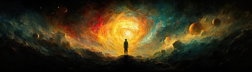 Poster - space explorer navigates prismatic nebula with floating spheres cosmic adventure digital art etherea
