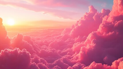 Wall Mural - a breathtaking aerial view of a vibrant sunset over a sea of fluffy pink clouds.