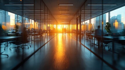 Poster - Dynamic collaboration in a sunlit conference room business environment action-packed meeting blurred figures moving