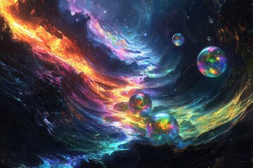 Poster - Surreal space explorer in a multicolored nebula cosmic journey through ethereal swirls