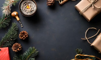 Aufkleber - Rustic Christmas Gift Wrapping with Pinecones and Fir Branches on Dark Background : Generative AI