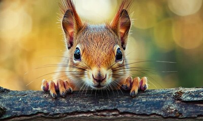 Poster - Closeup of an adorable squirrel peeking over a tree branch with a blurred golden background : Generative AI