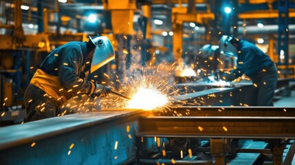 Aufkleber - In a spacious industrial workshop, workers are focused on welding, generating bright sparks as they shape metal during evening shifts. Generative AI