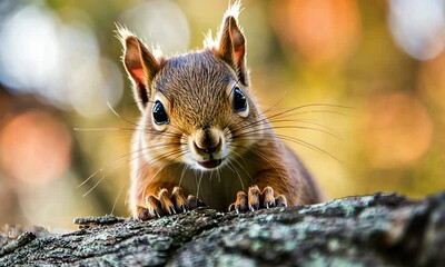 Poster - Adorable Red Squirrel Peeking Over Log in Autumn Forest Setting : Generative AI