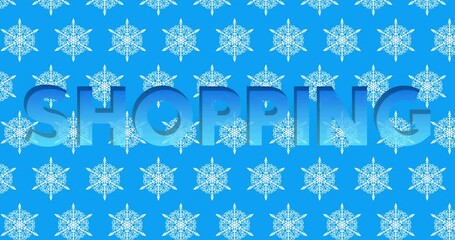 Poster - Snowflake with Shopping text on blue background. Winter Cartoon video. Seasonal Snow animation.