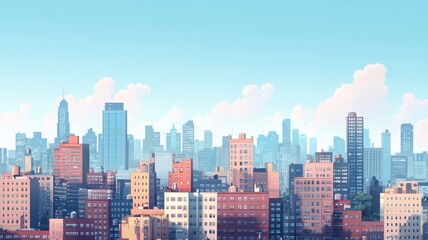  City skyline with modern buildings and clear blue sky, perfect for urban themes.