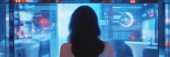 Aufkleber - A woman examines her hair health through an interactive mirror that offers AI-driven recommendations in a stylish salon at night. Generative AI