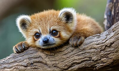 Poster - Red panda resting on a tree branch with a serene expression in a natural habitat setting : Generative AI